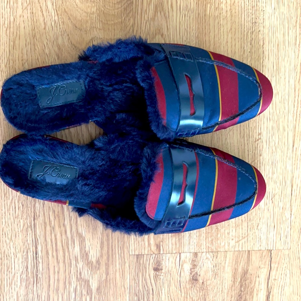 J.Crew Mules Fur Plaid Navy Blue Maroon and Yellow